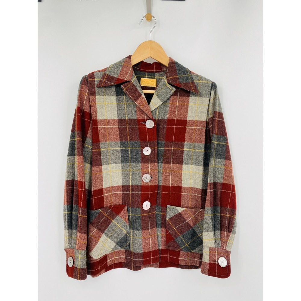 Pendleton Plaid Wool Jacket Red Grey Vintage 70s 49er Style
